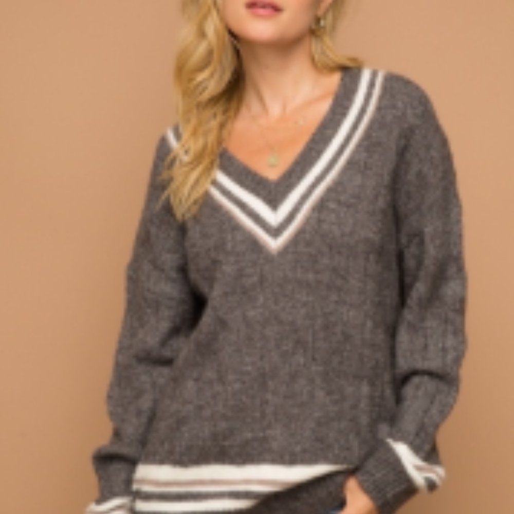 Charcoal and cream colored v-neck sweater